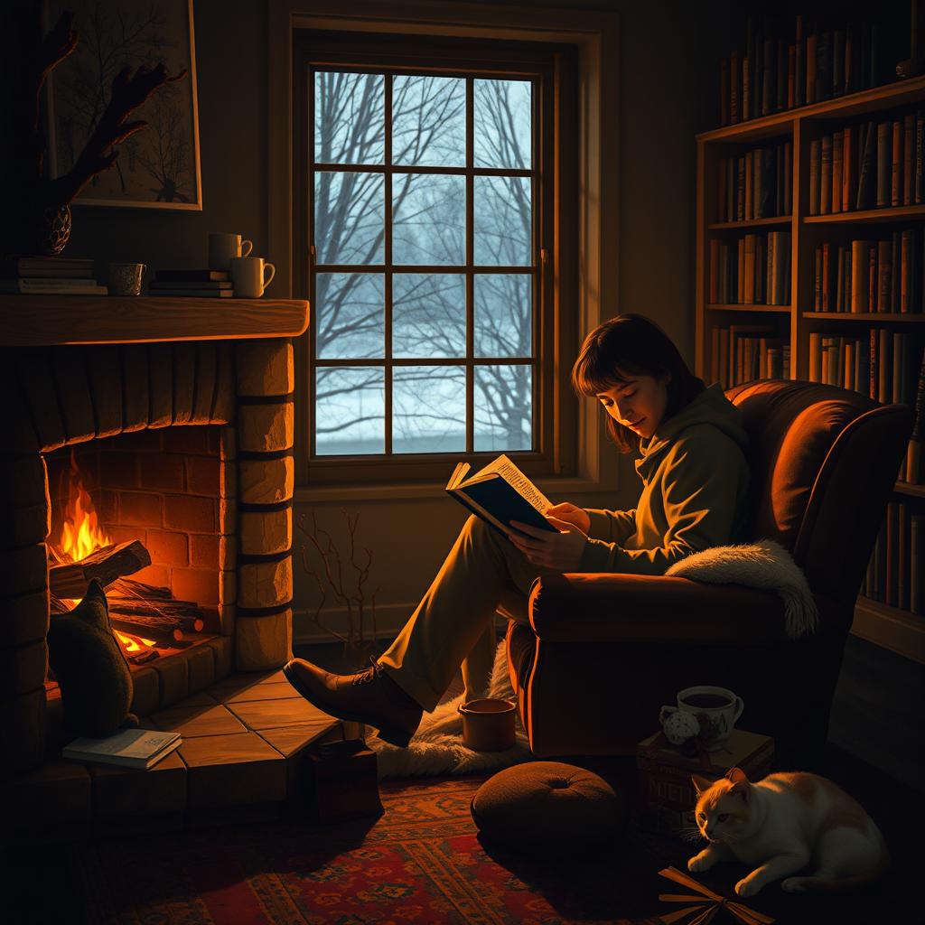 A cozy reading nook featuring a person deeply engrossed in a book, seated beside a gently crackling fireplace
