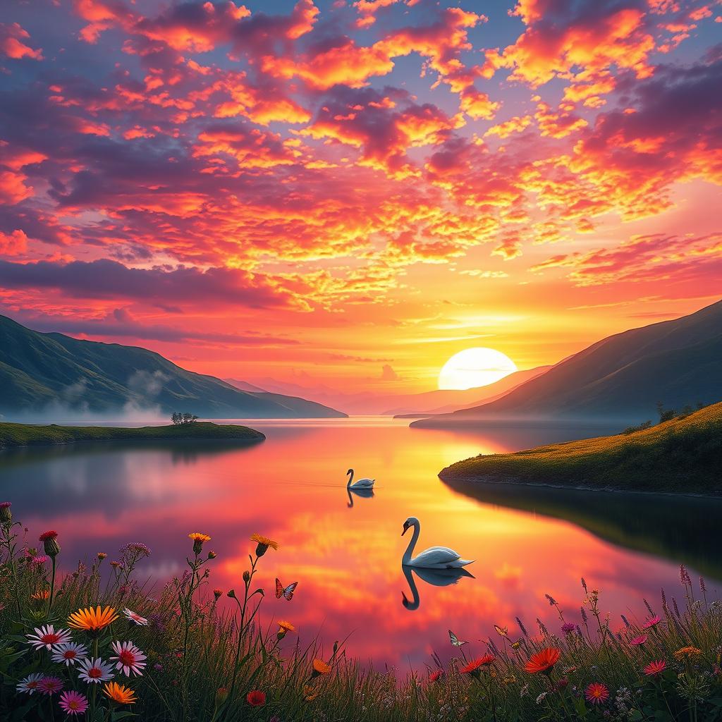 A serene fantasy landscape featuring a vivid sunset over a tranquil lake, surrounded by lush, green hills