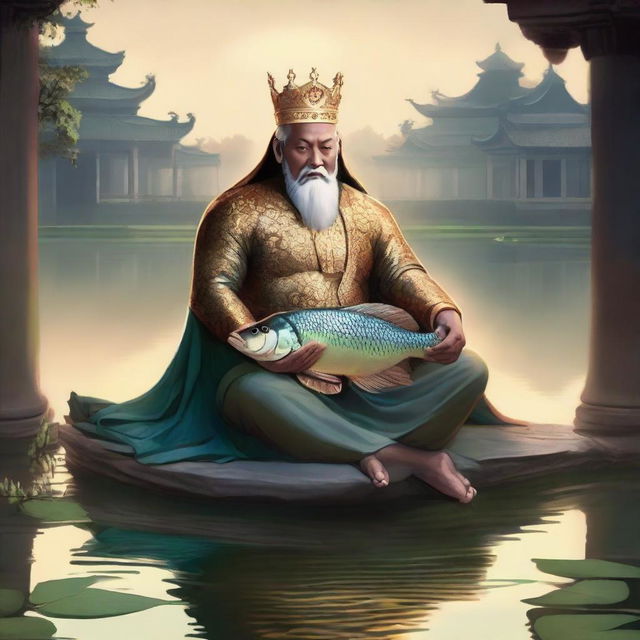 A king with a crown seated near a pond in the palace, holding a big tilapia fish, immersed in the ambiance of dusk.