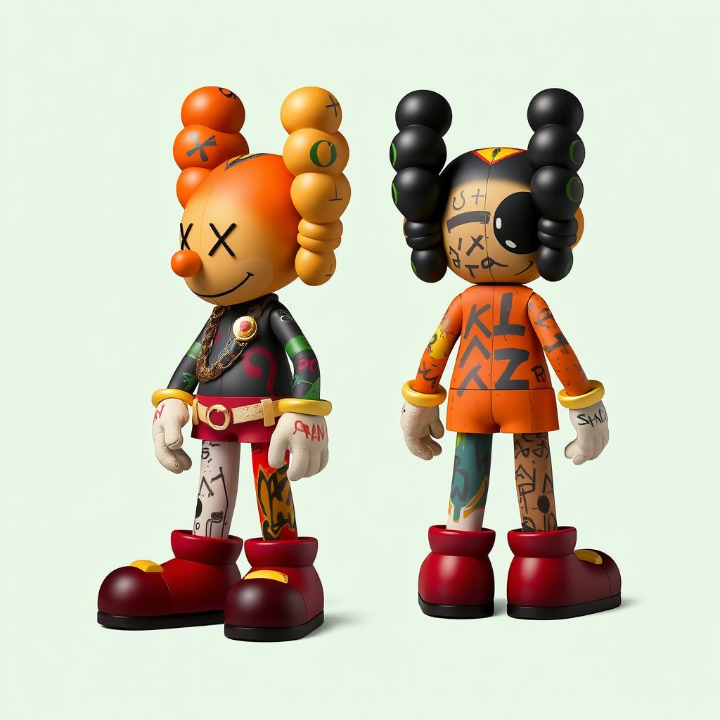 Create an art toy design inspired by the distinctive styles of Kaws, Alec Monopoly, and Basquiat