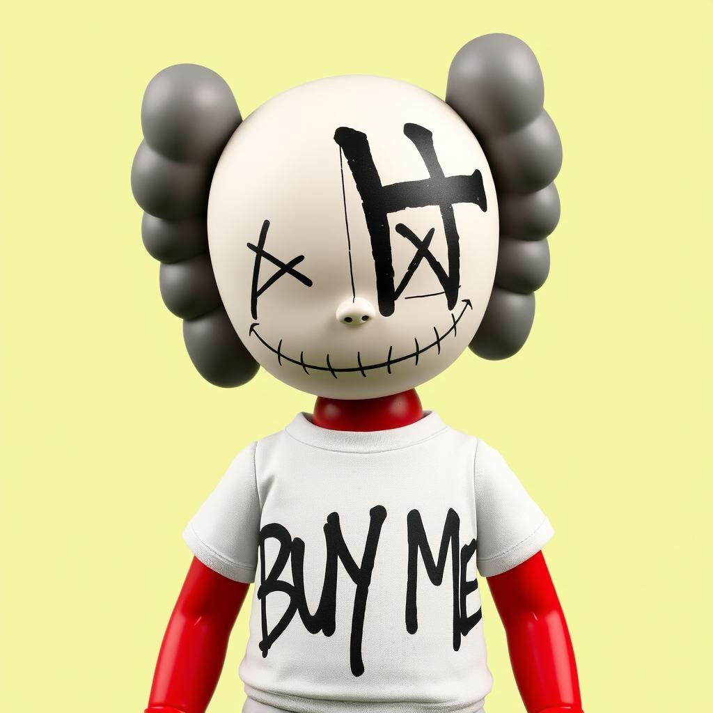 Create an art toy design inspired by the distinctive styles of Alec Monopoly and Basquiat, with a unique head shape that sets it apart from traditional Kaws art toys