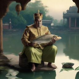 A king with a crown seated near a pond in the palace, holding a big tilapia fish, immersed in the ambiance of dusk.