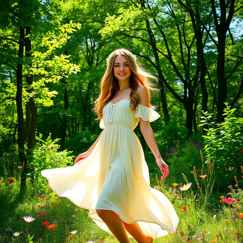 A young woman standing gracefully in a vibrant forest, surrounded by lush green trees and colorful wildflowers