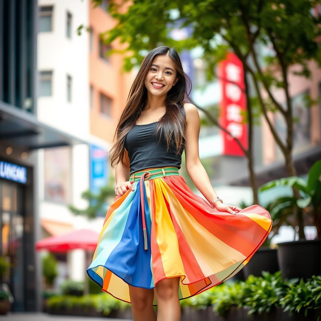 A stylish young woman wearing a fashionable skirt, standing in a vibrant urban setting