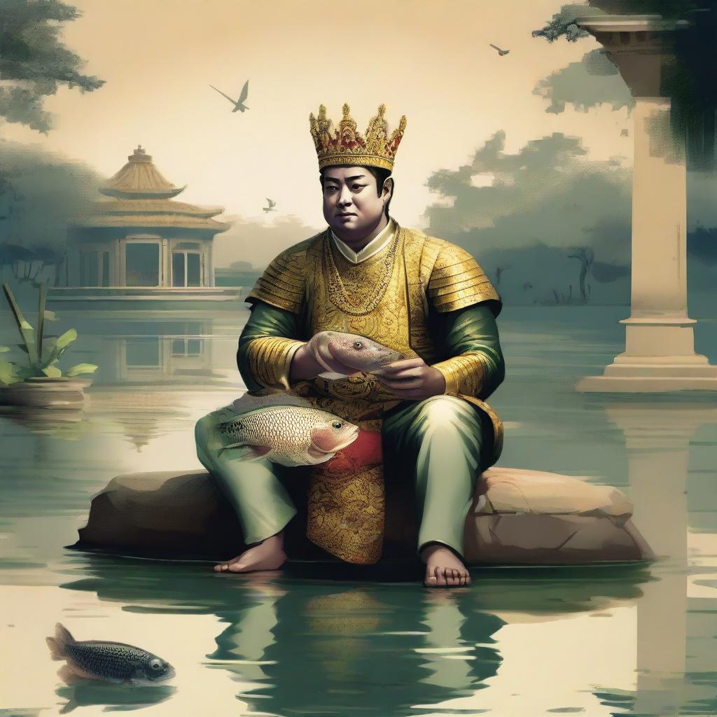 A king with a crown seated near a pond in the palace, holding a big tilapia fish, immersed in the ambiance of dusk.