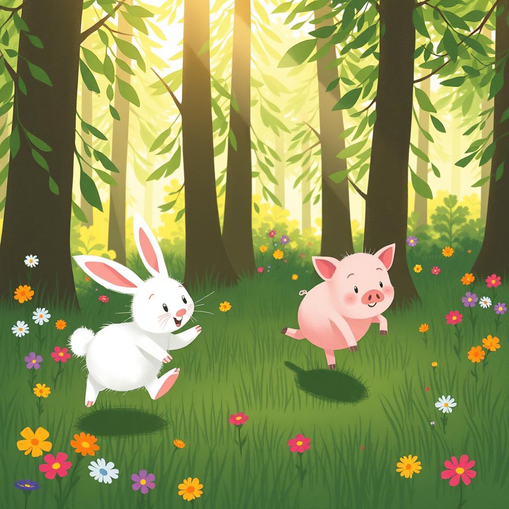 A whimsical scene featuring a small white rabbit and a little pig running joyfully through a vibrant, lush forest
