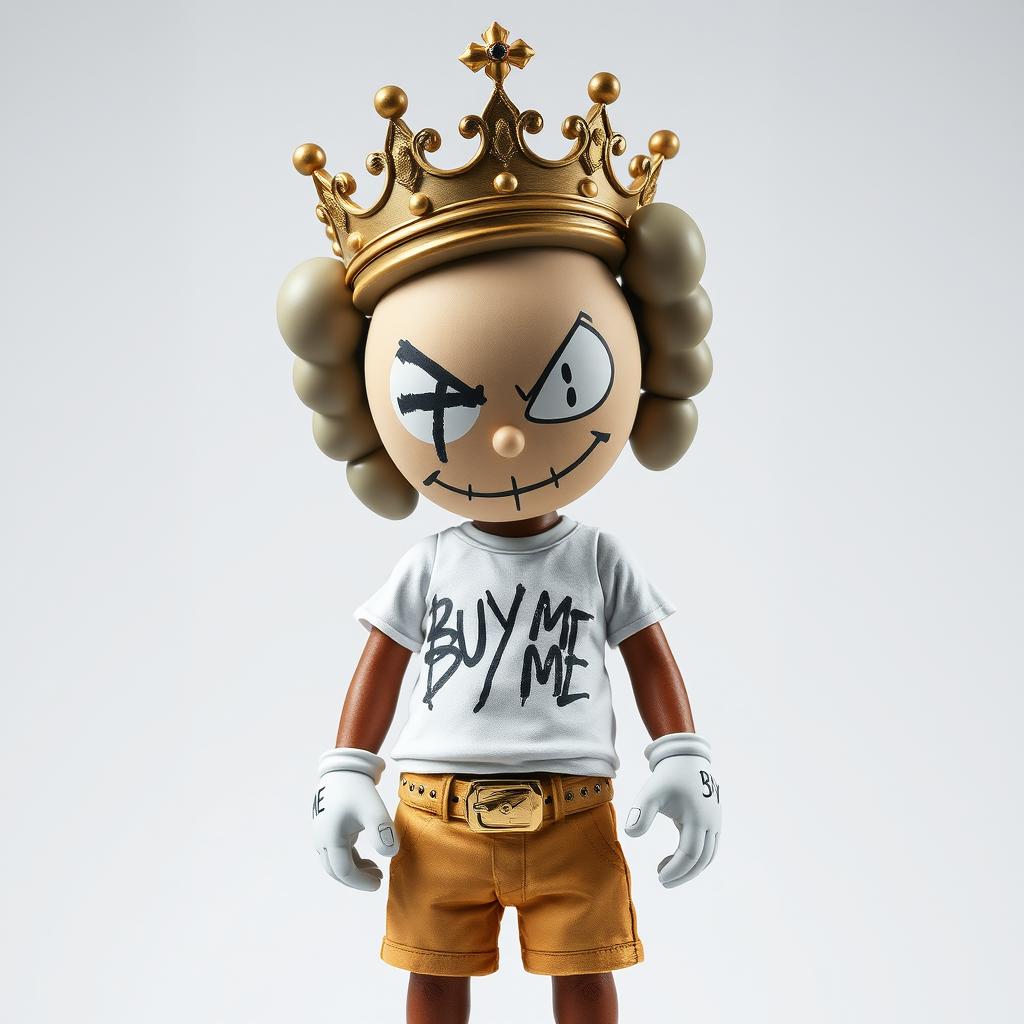 Create a full-body image of an art toy inspired by the styles of Kaws, Alec Monopoly, and Basquiat