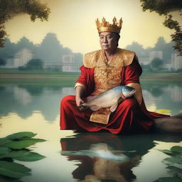 A king with a crown seated near a pond in the palace, holding a big tilapia fish, immersed in the ambiance of dusk.