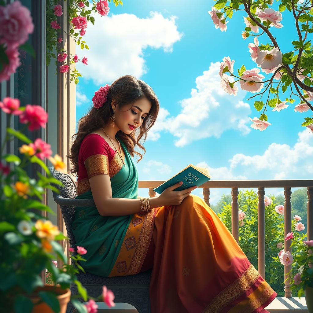 A captivating digital art piece showcasing a beautiful lady wearing a colorful saree, gracefully seated in a balcony