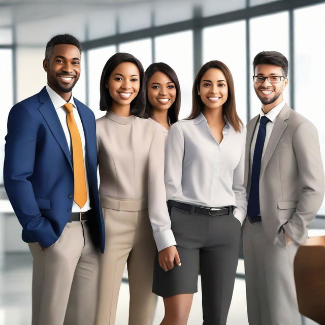 Realistically rendered image of three women and three men coworkers just after a meeting.