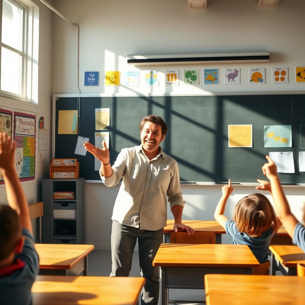 A charismatic teacher standing in a brightly lit classroom filled with colorful educational posters and a large blackboard