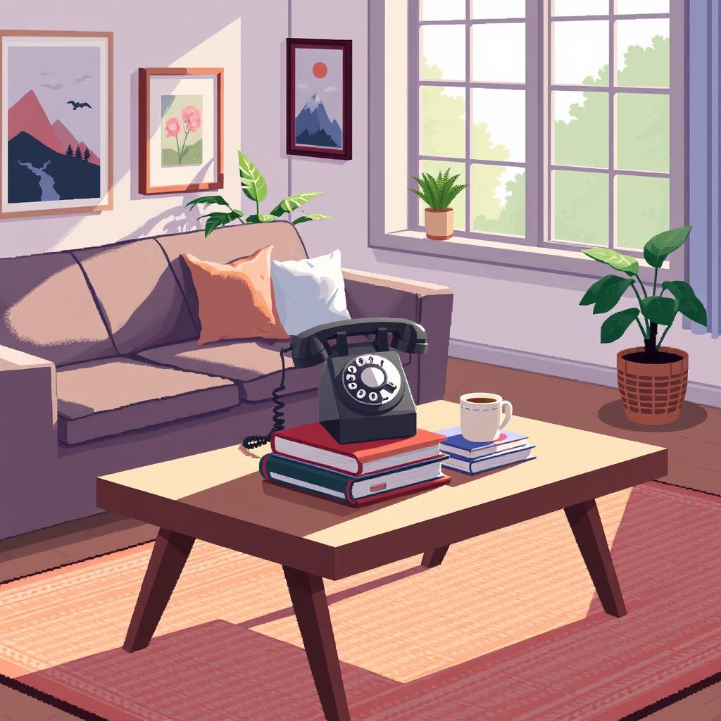 A cozy living room depicted in 2D pixel art style, featuring a comfortable sofa, a coffee table, and a large window with soft light streaming in