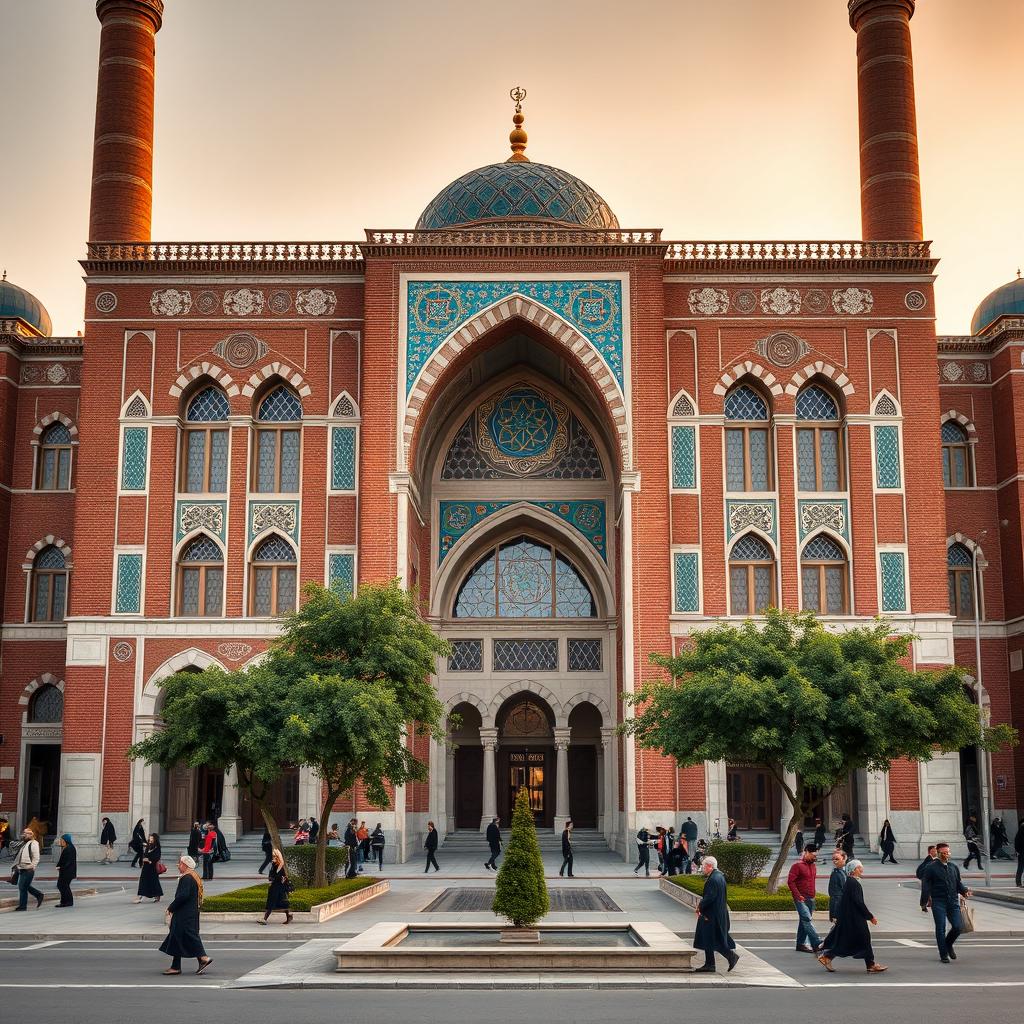 A magnificent Iranian-Islamic religious building in Safavid style, located on a busy main street with wide sidewalks and green spaces