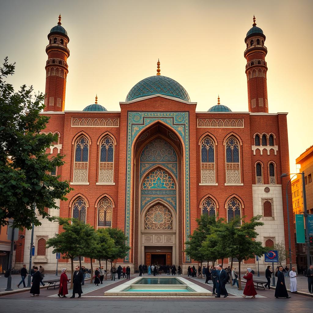 A magnificent Iranian-Islamic religious building in Safavid style, located on a busy main street with wide sidewalks and green spaces