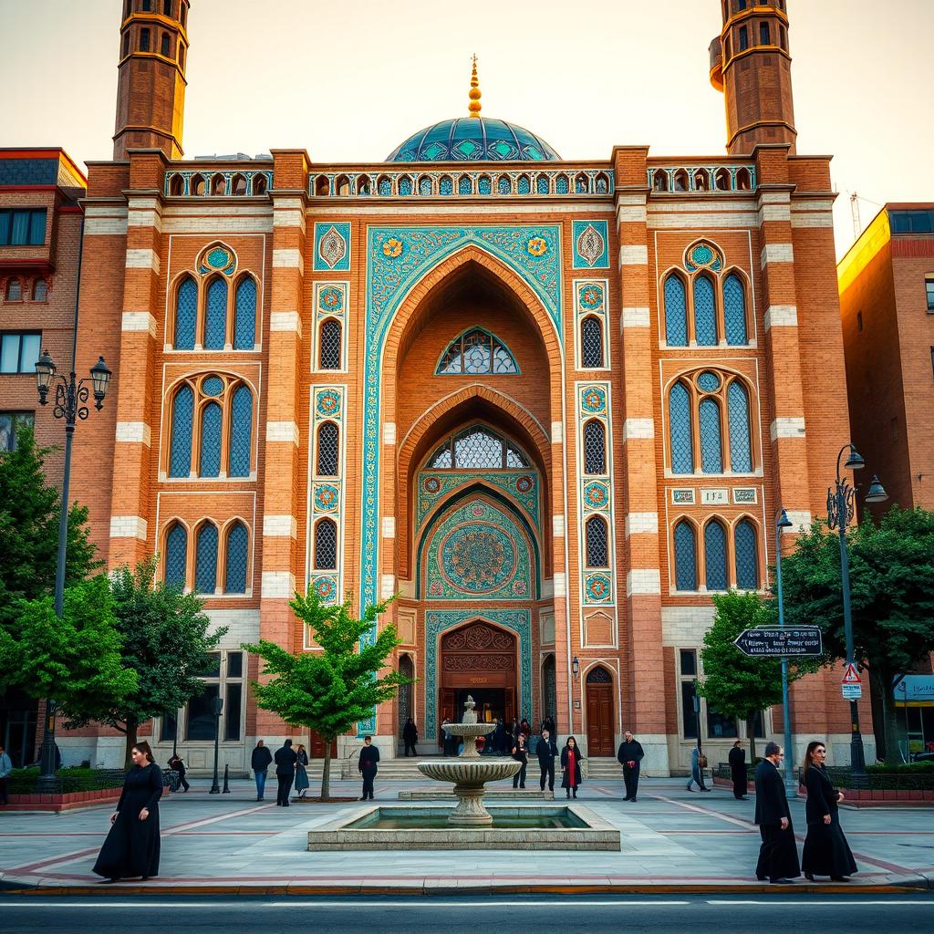 A magnificent Iranian-Islamic religious building in Safavid style, located on a busy main street with wide sidewalks and green spaces