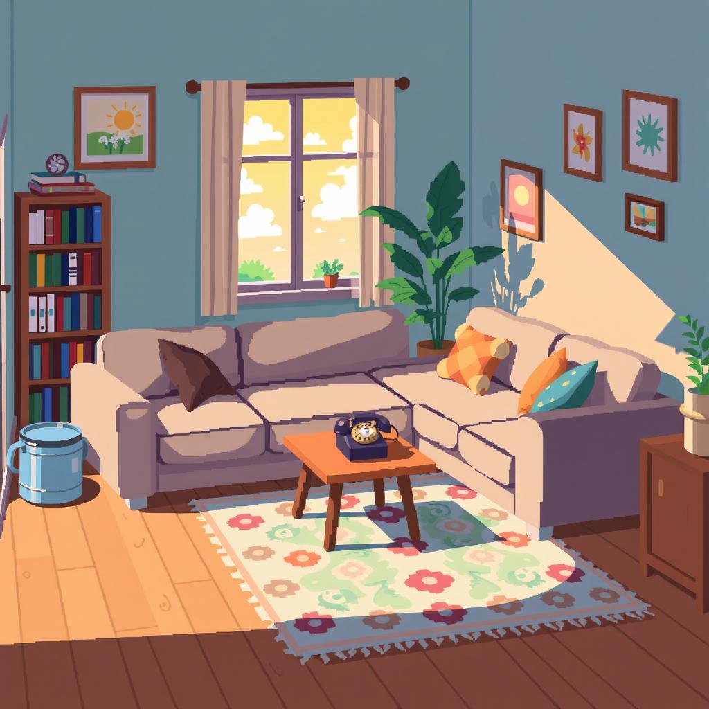 A vibrant living room illustrated in 2D pixel art style, showcasing a plush sofa, a small coffee table with an old-fashioned rotary phone placed prominently on it