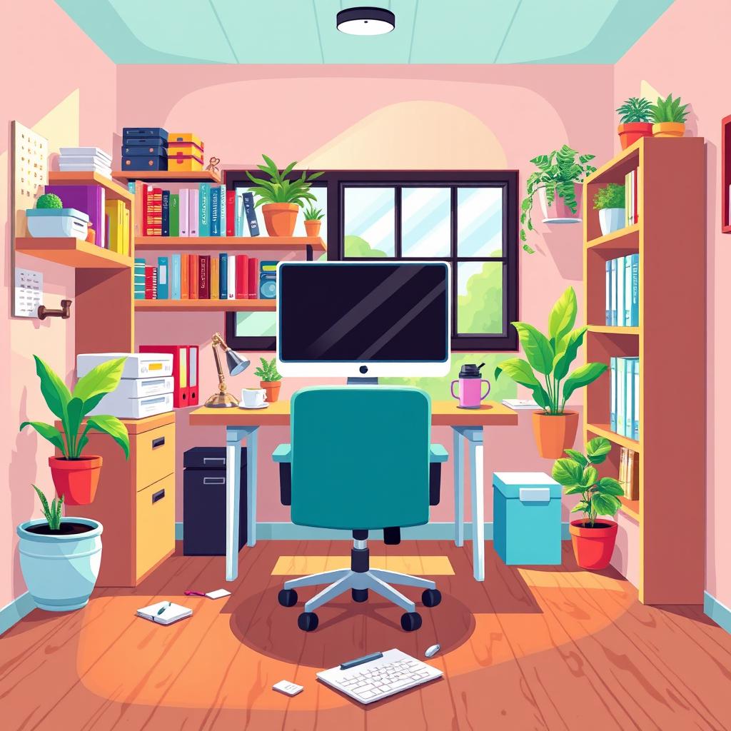 A vibrant 2D pixel art depiction of an office background, featuring elements such as a desk with a computer monitor, a chair, shelves filled with books and office supplies, potted plants for a touch of greenery, and a large window letting in sunlight