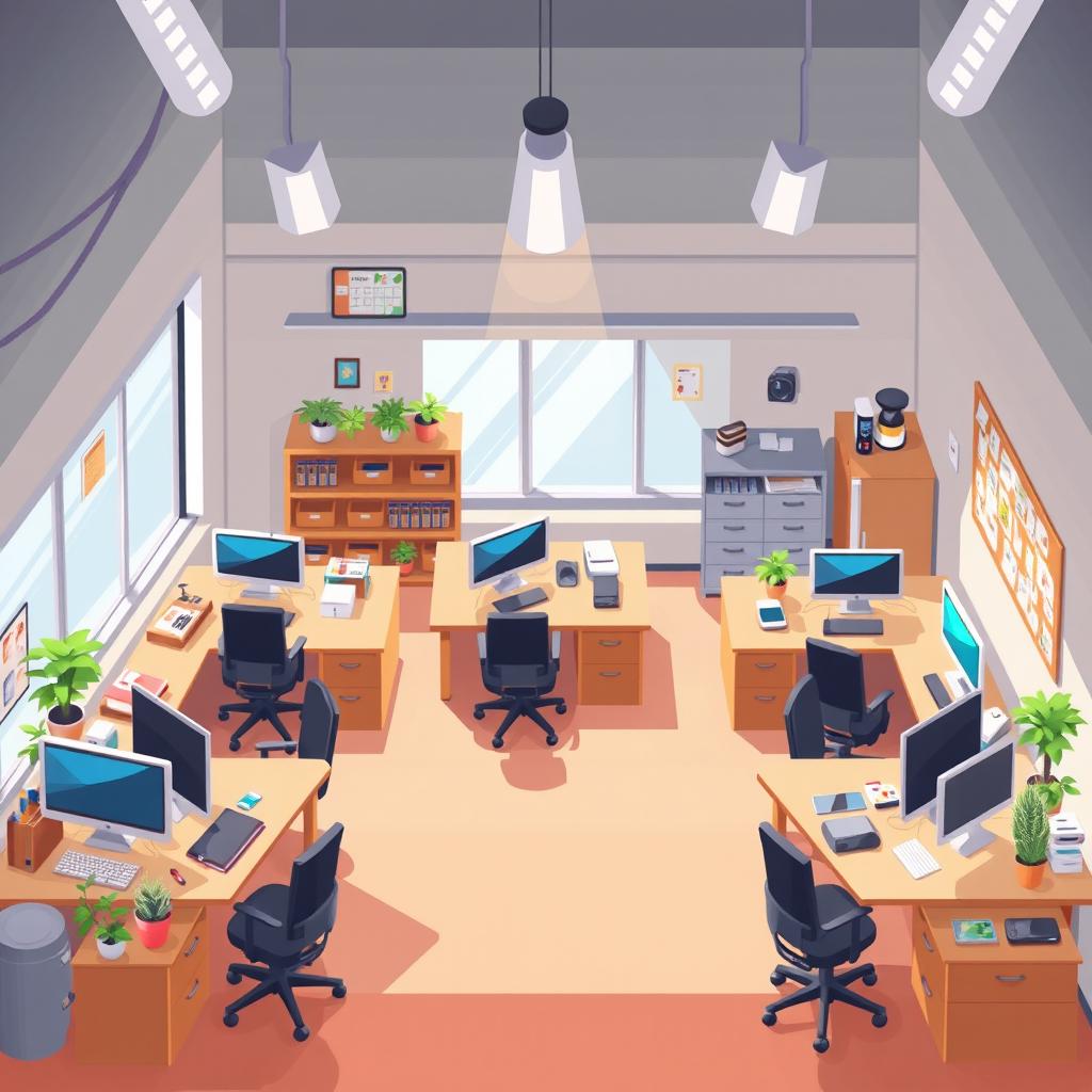 A lively 2D pixel art representation of an office workplace background, showcasing elements like multiple desks arranged in a collaborative environment, each equipped with computers, office chairs, and personal touches like photos or plants