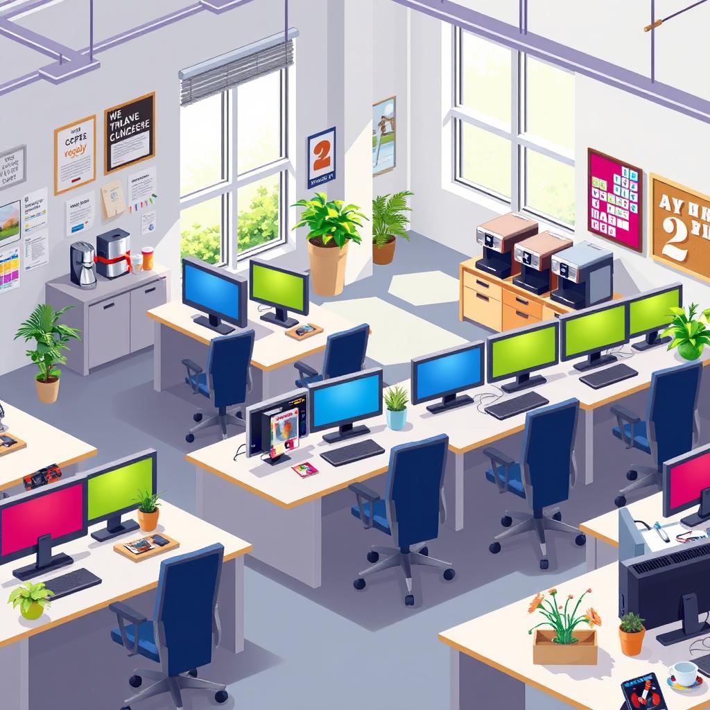 A detailed 2D pixel art background of an office workplace, capturing a busy and engaging environment