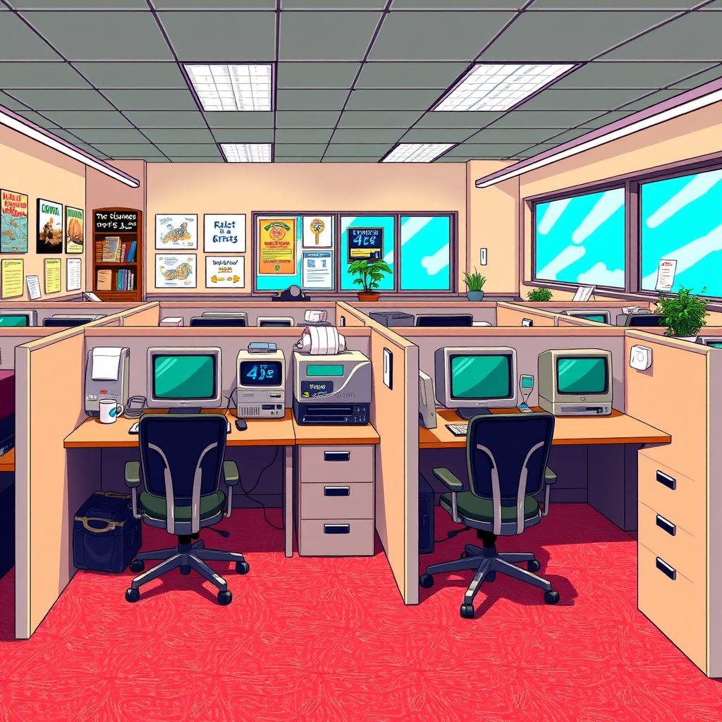 A nostalgic 2D pixel art scene depicting a 90s office workplace