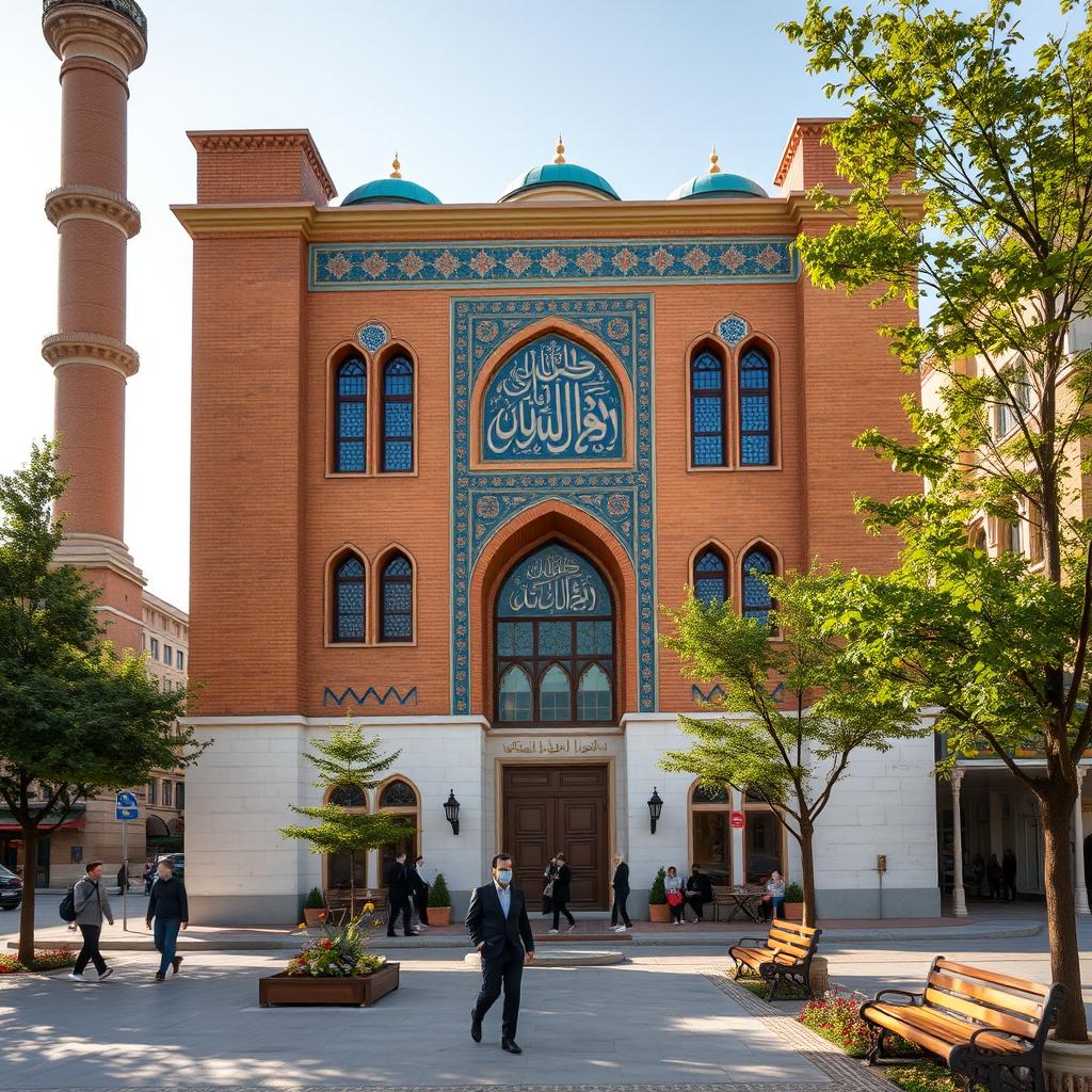 A magnificent Iranian-Islamic religious building in the style of Safavid architecture, located in the busy center of a city along a wide main street