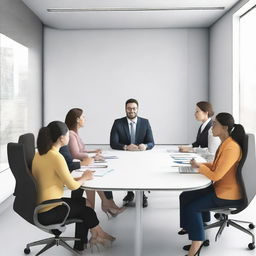 Realistically rendered image of six coworkers, consisting of three women and three men, finishing a meeting.