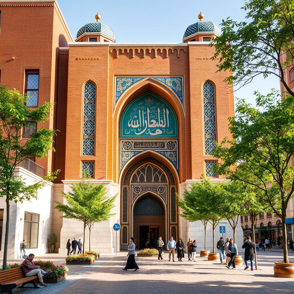A magnificent Iranian-Islamic religious building in Safavid architectural style, situated in a bustling city center on a wide main street