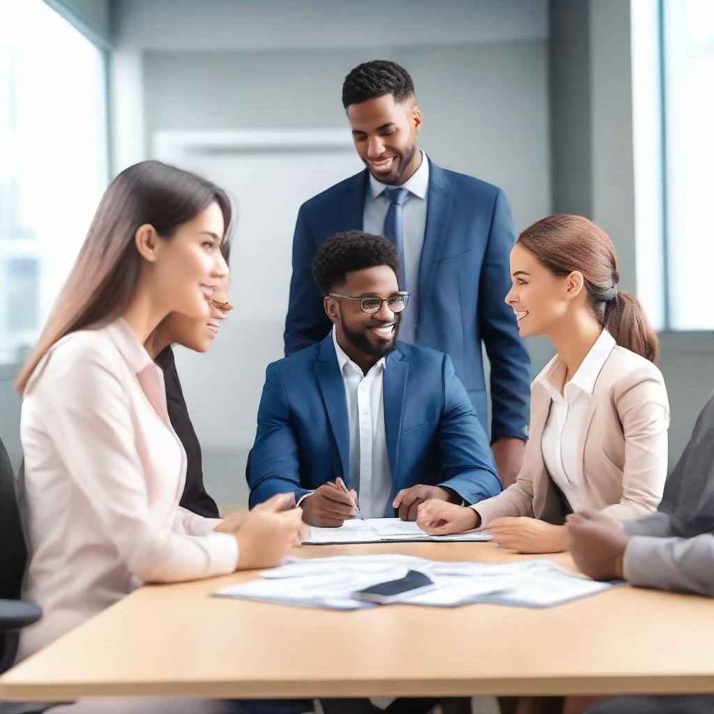 Realistically rendered image of six coworkers, consisting of three women and three men, finishing a meeting.