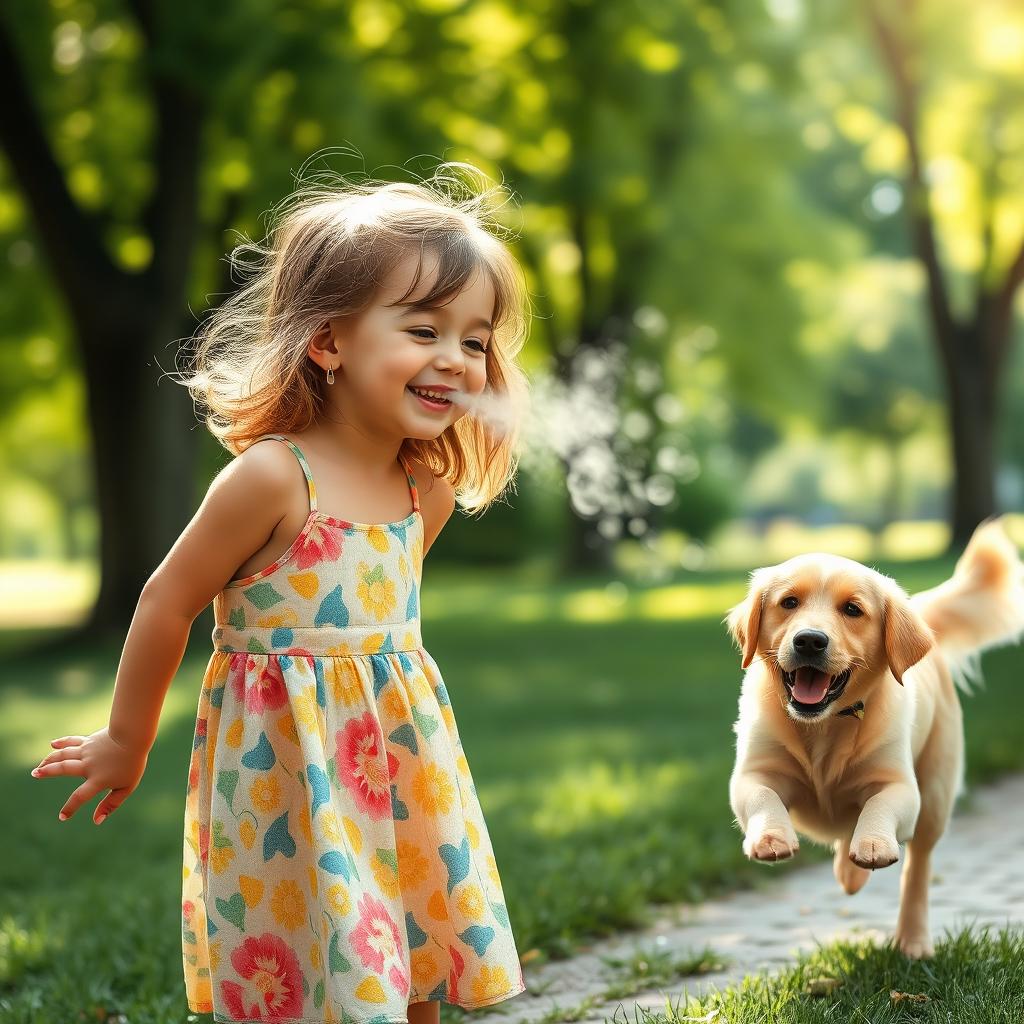 A whimsical scene depicting a young girl gently blowing air through her lips, creating visible breath patterns in the cool air