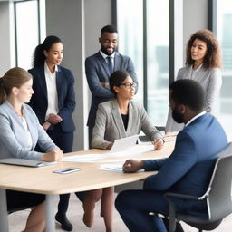 Realistically rendered image of six coworkers, consisting of three women and three men, finishing a meeting.