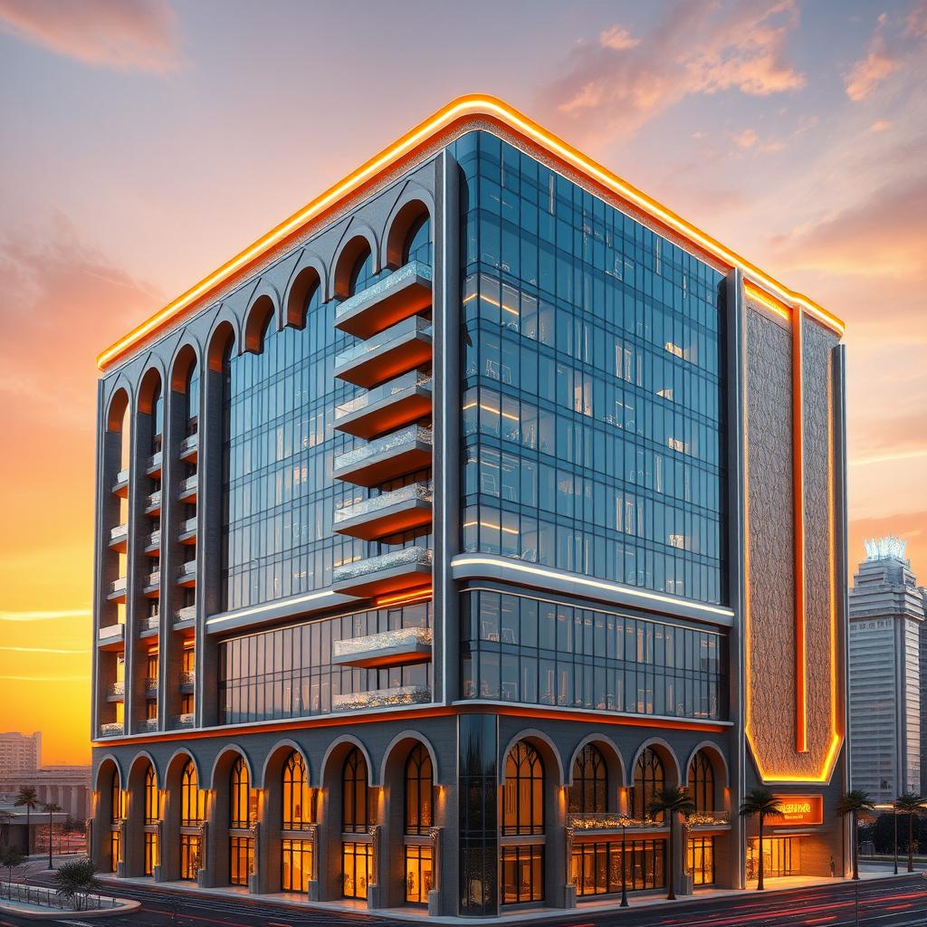 A highly detailed rendering of an architectural masterpiece: a 20-story building with a height of 80 meters, combining two styles of Iranian architecture, characterized by arches and modern elements