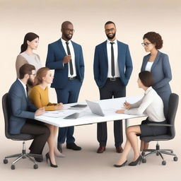 Realistically rendered image of six coworkers, consisting of three women and three men, finishing a meeting.