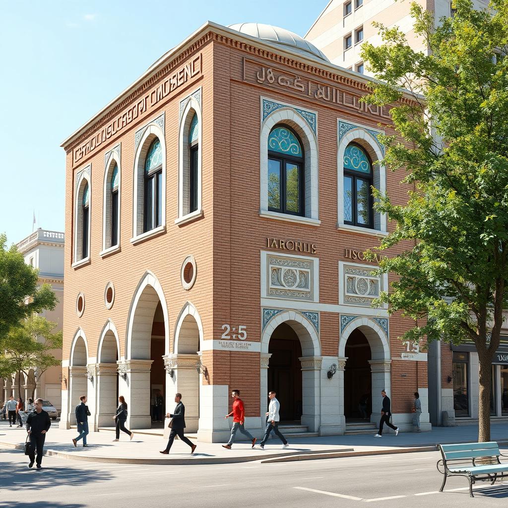 A hyper-realistic 3D render of an Islamic religious building in the Persian Safavid architectural style, situated on a bustling city street