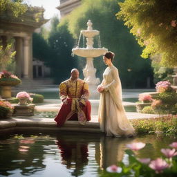 A king and his queen in the palace garden, abundant with flowers, a pond, and a fountain, bathed in the bright light of the late afternoon.