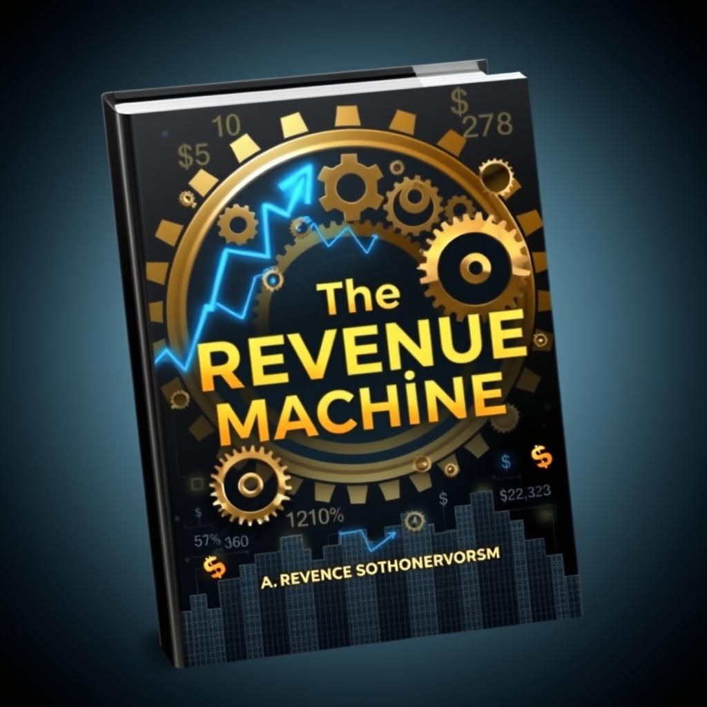 A visually striking book cover design for 'The Revenue Machine', featuring a sleek and predominantly silver-black color palette