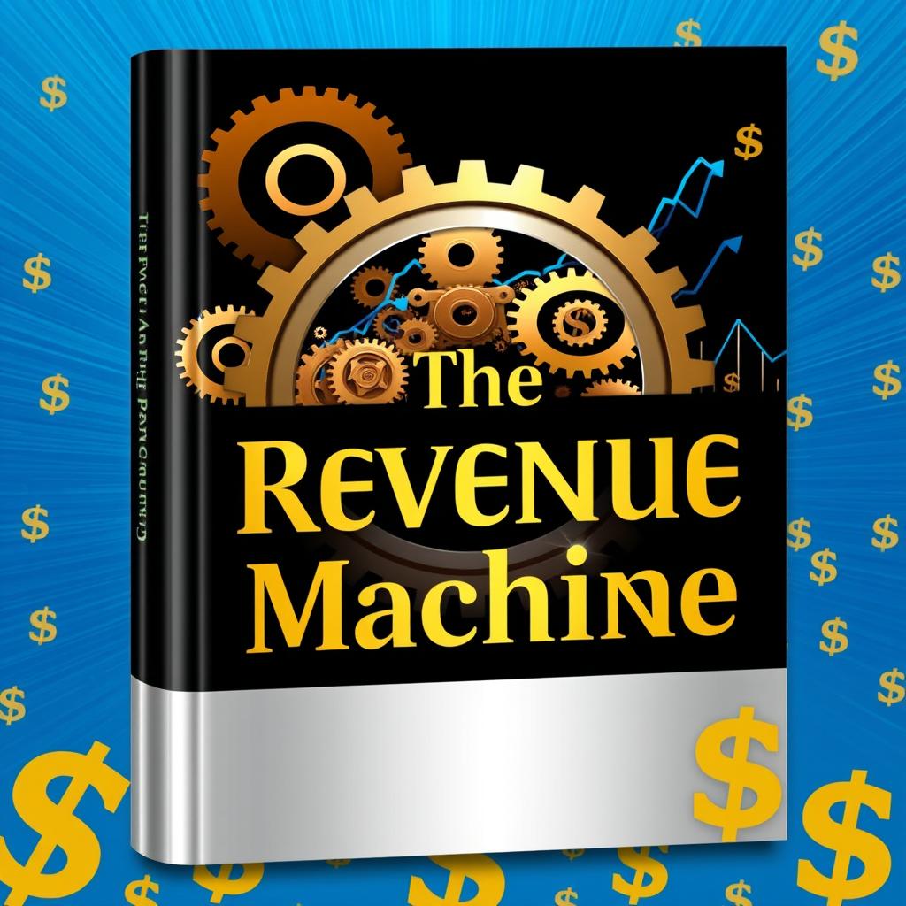A visually appealing book cover design for 'The Revenue Machine', featuring a bold silver-black color palette