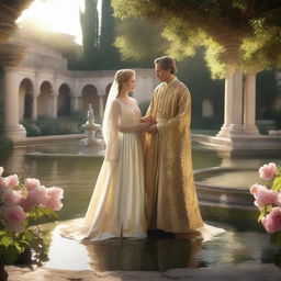 A king and his queen in the palace garden, abundant with flowers, a pond, and a fountain, bathed in the bright light of the late afternoon.