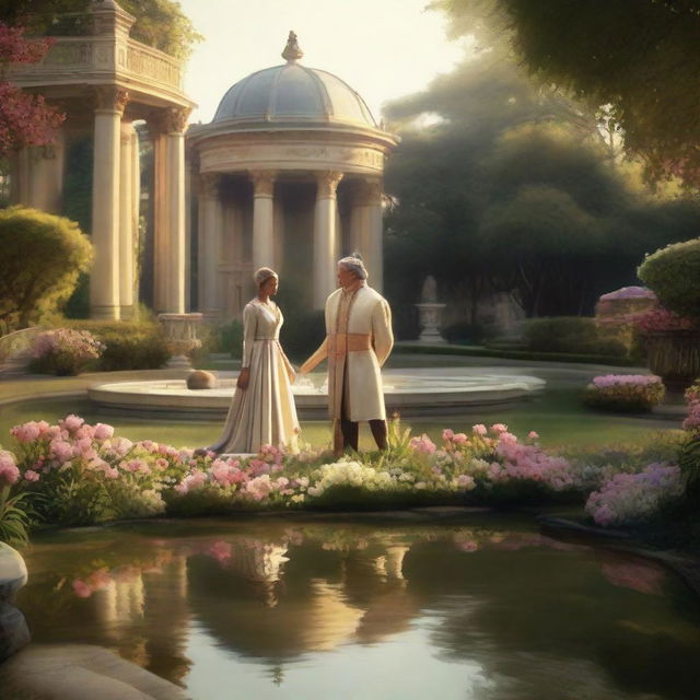 A king and his queen in the palace garden, abundant with flowers, a pond, and a fountain, bathed in the bright light of the late afternoon.