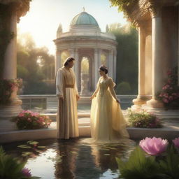 A king and his queen in the palace garden, abundant with flowers, a pond, and a fountain, bathed in the bright light of the late afternoon.