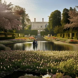 A king and his queen in the palace garden filled with blooming flowers, a pond, and a fountain, basking in the vibrant atmosphere of a sunny late afternoon.