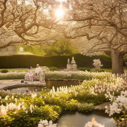 A king and his queen in the palace garden filled with blooming flowers, a pond, and a fountain, basking in the vibrant atmosphere of a sunny late afternoon.