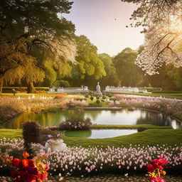 A king and his queen in the palace garden filled with blooming flowers, a pond, and a fountain, basking in the vibrant atmosphere of a sunny late afternoon.