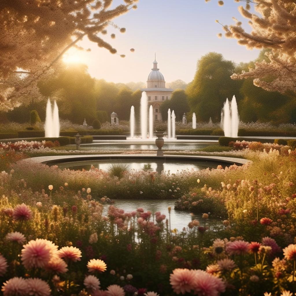 A king and his queen in the palace garden filled with blooming flowers, a pond, and a fountain, basking in the vibrant atmosphere of a sunny late afternoon.