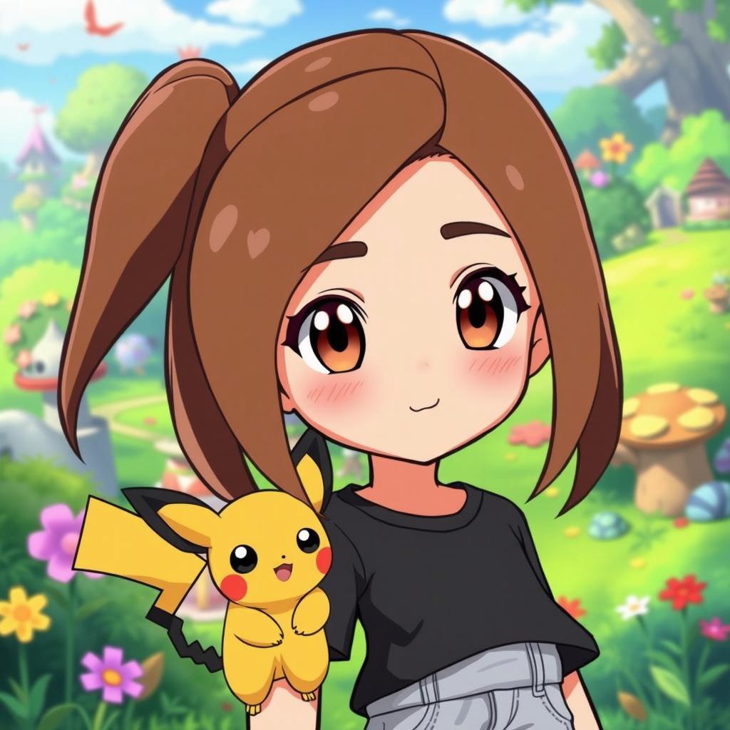 A cute cartoon character with large expressive eyes and a friendly smile, holding a small, adorable yellow creature resembling a Pokémon