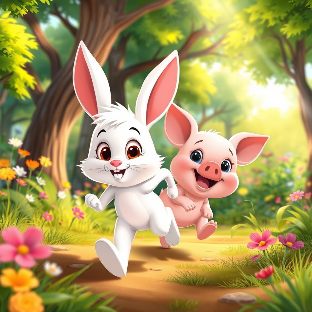 A lively and colorful animated cartoon scene featuring a small white rabbit and a little pig running energetically through a vibrant forest