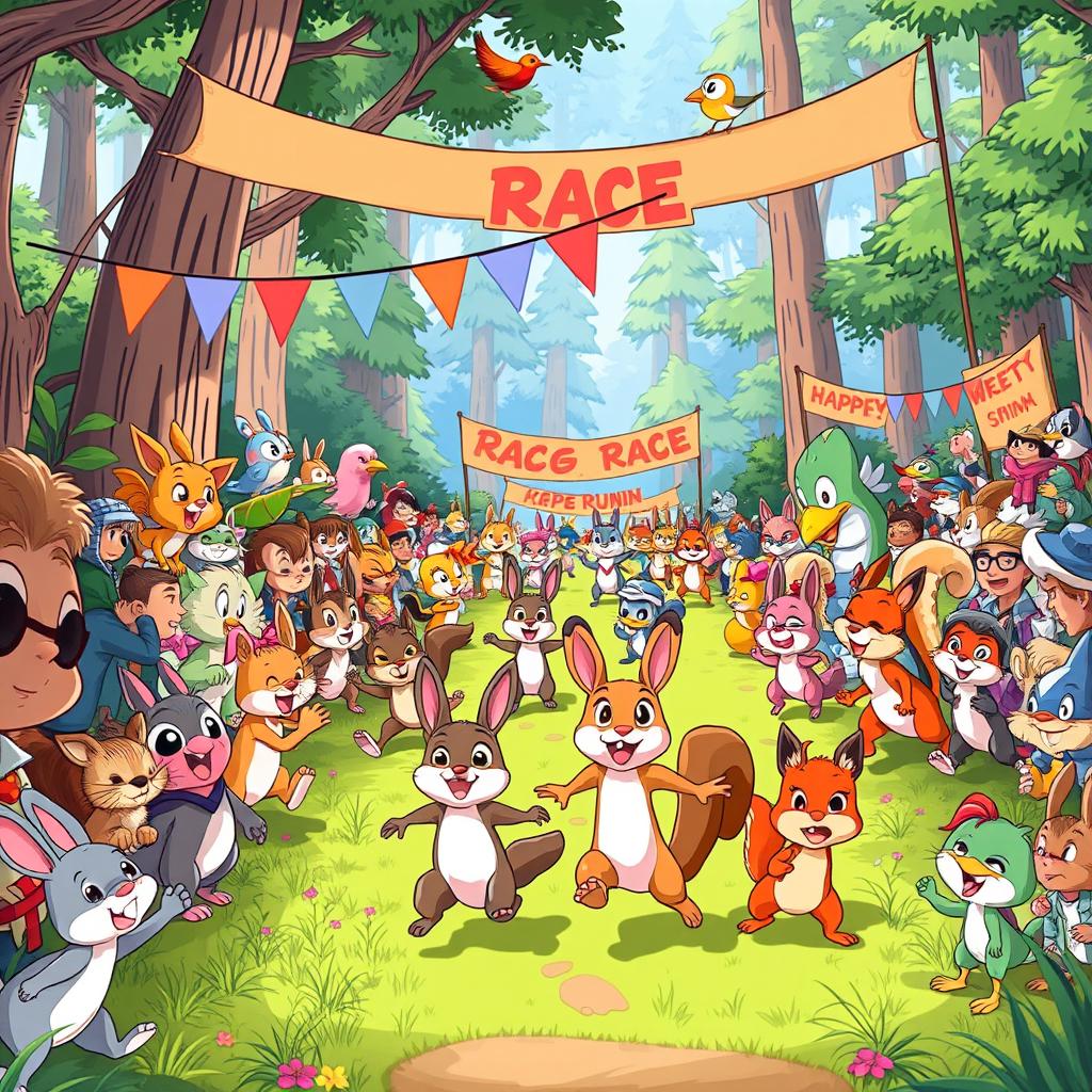 A vibrant animated cartoon scene depicting a lively forest filled with various small animals gathered for a running competition