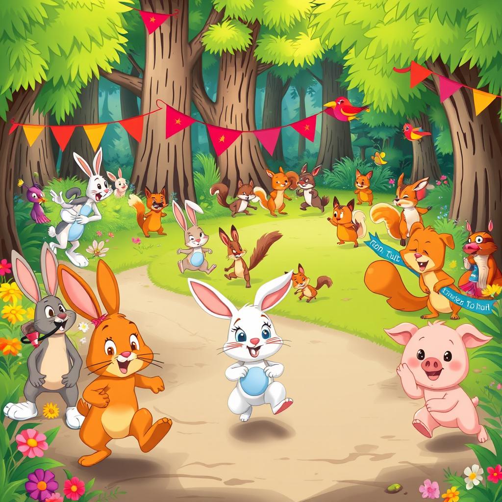 A vibrant animated cartoon scene depicting a lively forest hosting a running competition, with a variety of animals participating
