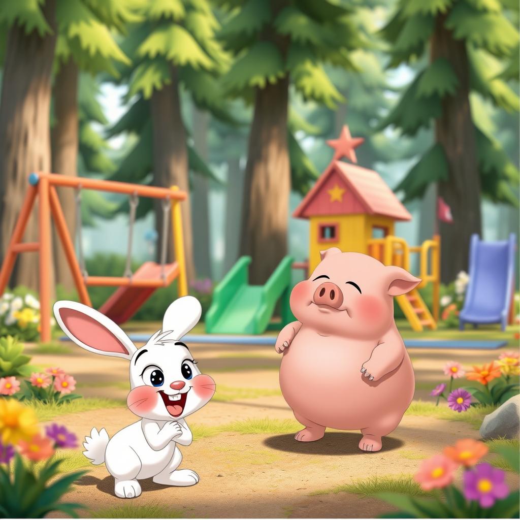A playful animated cartoon scene set in a lively forest playground