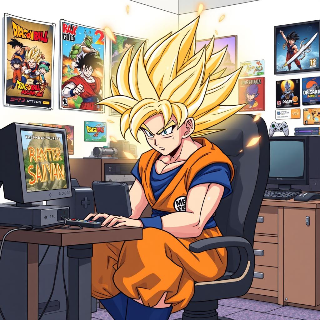 An illustrated scene of Goku, wearing his signature orange gi, transforming into Super Saiyan at a gaming desk