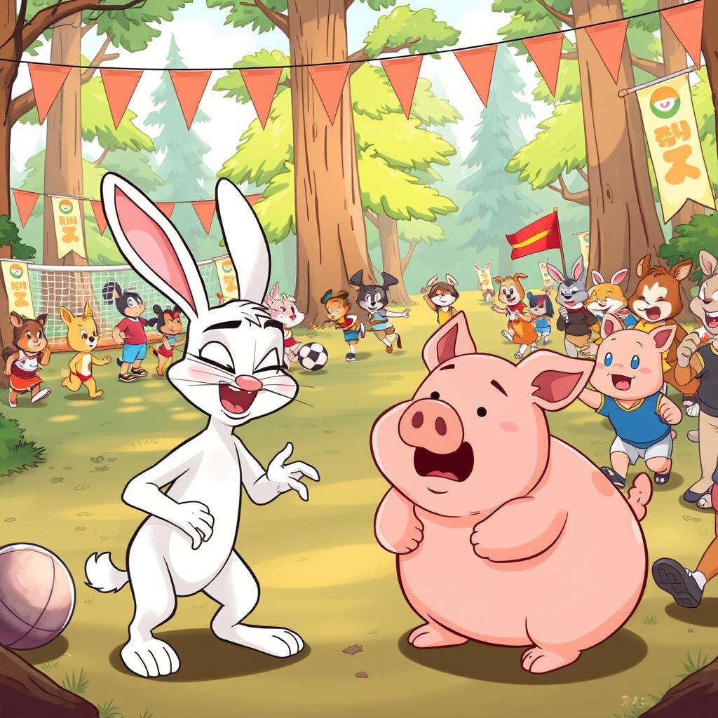 A lively animated cartoon scene at a forest sports event, showcasing a small white rabbit playfully mocking a chubby little pig nearby